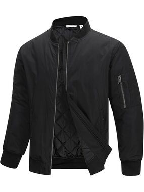 🆕 Men's Metallic Black Quilted Waterproof Windbreaker Zip Up Coat Bomber Jacket